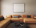 Beige interior design with light orange sofa, black table and decor in modern minimal living room. Frame wall mock up Royalty Free Stock Photo