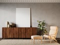 Beige interior with dresser, lounge chair and decor. Royalty Free Stock Photo