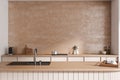 Beige kitchen interior with bar countertop, sink and kitchenware. Empty wall