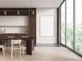 Beige kitchen interior with eating table and panoramic window. Mockup frame Royalty Free Stock Photo