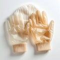 Beige Knit Hat and Transparent Plastic Gloves on White Background Still Life Royalty Free Stock Photo