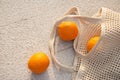 Beige knitted bag handmade and ripe oranges outdoors. Sustainable shopping. Waste-free lifestyle Royalty Free Stock Photo