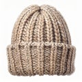 Beige Knitted Wool Beanie Cap Isolated on White Background Studio Shot Royalty Free Stock Photo