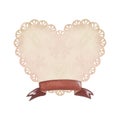 Beige lace doily in the shape of a heart with red ribbon for title.Place for inscription or text.Watercolor illustration