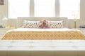 Beige leather empty bench in bedroom Royalty Free Stock Photo