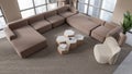 Beige living room corner with couch and armchairs, top view Royalty Free Stock Photo