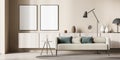 Beige living room with green deatils and two empty canvases Royalty Free Stock Photo