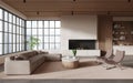 Beige living room interior with armchairs and couch, fireplace and window