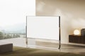 Beige living room interior with tv and panoramic window. Mockup display