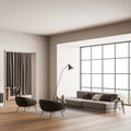 Beige living room with large window niche. Corner view Royalty Free Stock Photo