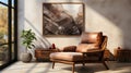 Beige lounge chair against marble wall with abstract poster. Minimalist interior design of living room.