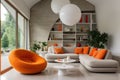 Beige lounge chair near curved sofa with orange vibrant cushions and big ball pendant light. Minimalist home interior design