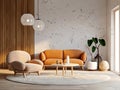 Beige lounge chair near orange loveseat sofa against wood and stone paneling wall. Mid-century style home interior design of