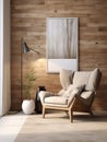 Beige lounge chair and rustic wooden decor panel on wall. Interior design of modern living room
