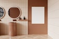 Beige luxury bathroom interior with sink and panoramic window. Mock up frame Royalty Free Stock Photo