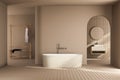 Beige minimalist bathroom interior with sun rays, clothing rack, cabinet, oval mirror, sink, bathtub. Royalty Free Stock Photo