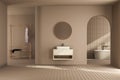 Beige minimalist bathroom interior with sun rays, clothing rack, cabinet, oval mirror, sink, bathtub Royalty Free Stock Photo