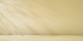 Beige minimalist studio for product presentation. Empty room with shadows of tree leaves. 3d room background with copy