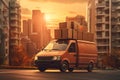 A beige minivan with cardboard boxes on the roof stands on the road against the background of high-rise buildings at sunset.