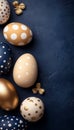 Beige And Navy Blue Easter Eggs With Gold Pattern On Deep Blue Hintergrund With Copy Space Royalty Free Stock Photo