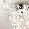 Beige 2019 New Year background with clock. Greeting card. Royalty Free Stock Photo