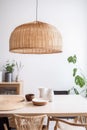 dining beige decor table kitchen furniture rattan lamp style room. Generative AI.