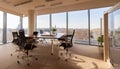 Beige office interior with work desk, meeting table and panoramic window Royalty Free Stock Photo