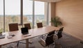 Beige office interior with work desk, meeting table and panoramic window Royalty Free Stock Photo