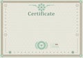 Beige official certificate. Guilloche border. Green design elements. Royalty Free Stock Photo