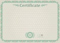 Beige official certificate. Guilloche border. Green design elements. Royalty Free Stock Photo