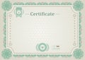 Beige official certificate. Guilloche border. Green design elements. Royalty Free Stock Photo