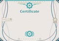 Beige official certificate. Guilloche turqoise border. Green design elements. Royalty Free Stock Photo