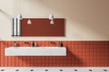 Beige and orange hotel bathroom interior with double sink and panoramic window