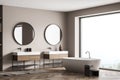 Beige panoramic bathroom with two modern vanities. Corner view