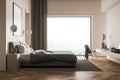 Beige panoramic bedroom space with grey interior details and parquet flooring