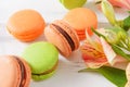 Beige, peach, green French cookies with flowers on a beige light background, sweets