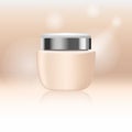 Beige and pink cream jar with silver metal cup, container for cosmetic products on abstract background for ad. Realistic 3d Royalty Free Stock Photo