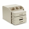 A beige plastic storage organizer with three pull-out drawers and three vertical Royalty Free Stock Photo