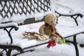 Beige plushy teddy bear with red green striped knitted scarf sitting with Christmas cookies on the bench covered with white snow Royalty Free Stock Photo