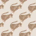 Beige predator cat seamless pattern with simple tiger elements. Light grey background. Doodle print Royalty Free Stock Photo