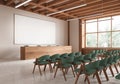 Beige press room interior with chairs and panoramic window, mock up banner