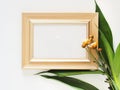 Beige rectangular picture frame and orange chrysanthemum blooming on white background.