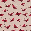 Beige and red crane origami seamless vector pattern