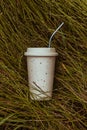 A beige reusable ceramic drink cup and a reusable straw lie on the green grass.