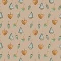 Beige Seamless pattern. Christmas trees sewn from fabric. Wood hearts. Handmade toys for the new year. Watercolor Royalty Free Stock Photo