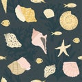 Beige seamless pattern with various seashells and fishes