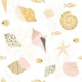 Beige seamless pattern with various seashells and fishes