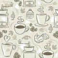 Beige seamless patterns with coffee set, cup, heart, coffee mill and text. Background with coffee set. Ideal for printing onto fab