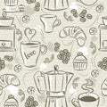 Beige seamless patterns with coffee set, coffee maker, muffin, cup, flower. Beige Background with coffee set. Ideal for printing