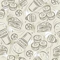 Beige Seamless Patterns with cupcake, ice cream, muffins, croissant, cake and cookie on grunge background. Ideal for printing onto